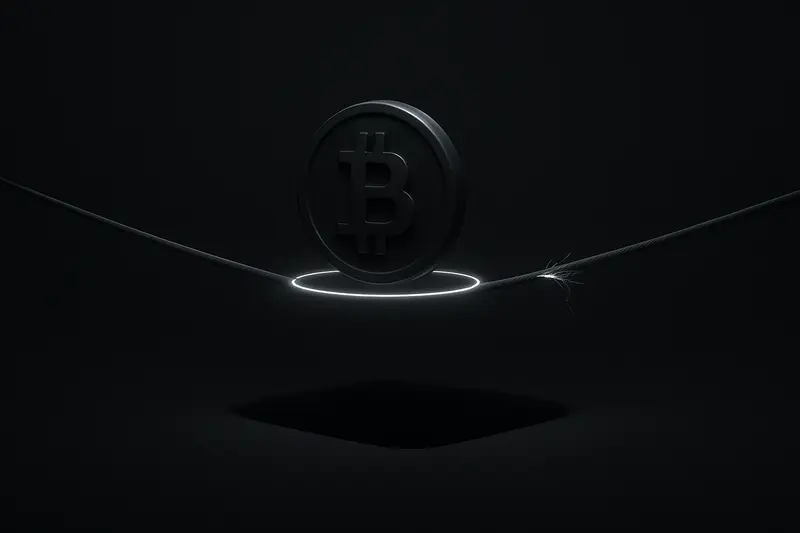 A lone glowing coin-like disc balancing on a thin neon ring above a deep black chasm, with faint gridlines below.