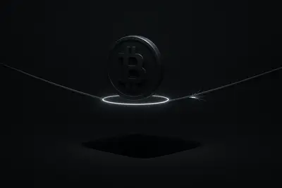 A lone glowing coin-like disc balancing on a thin neon ring above a deep black chasm, with faint gridlines below.