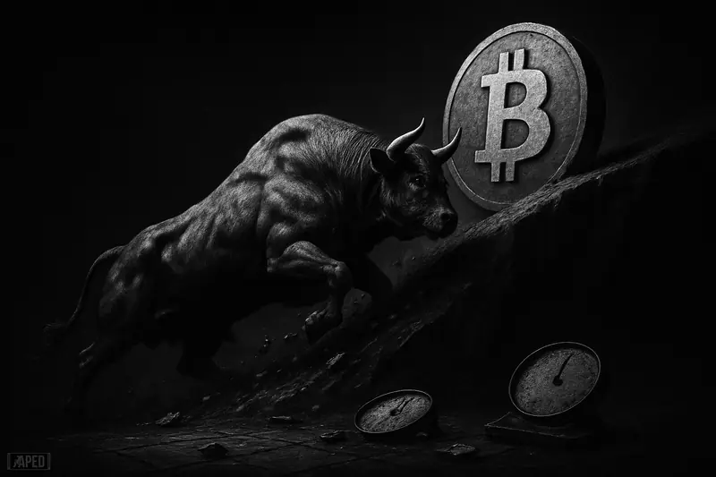 A strained bull climbs toward a looming bitcoin monument on a dark slope as debris slides backward into shadow below.