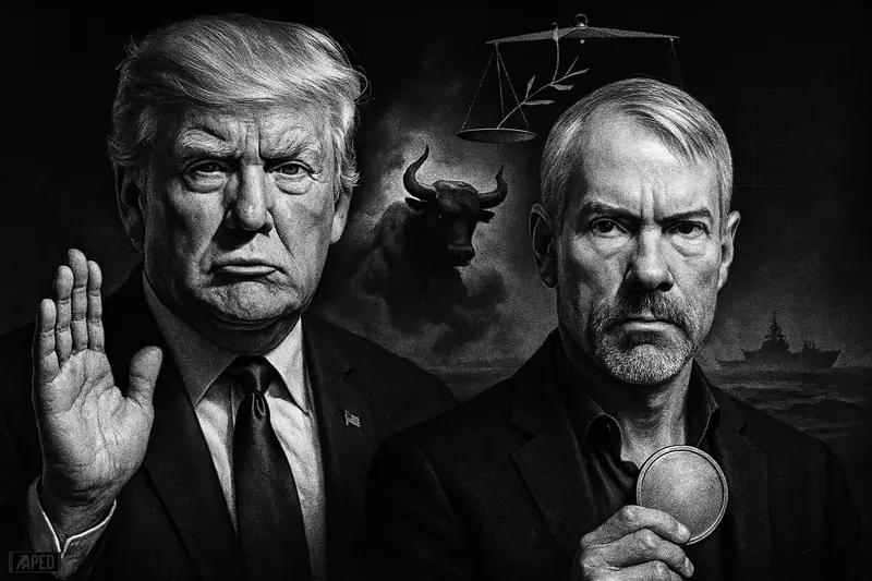 Trump and Saylor stand in a dark financial-geopolitical scene with a bull, warships, and ceasefire symbols in monochrome grayscale.