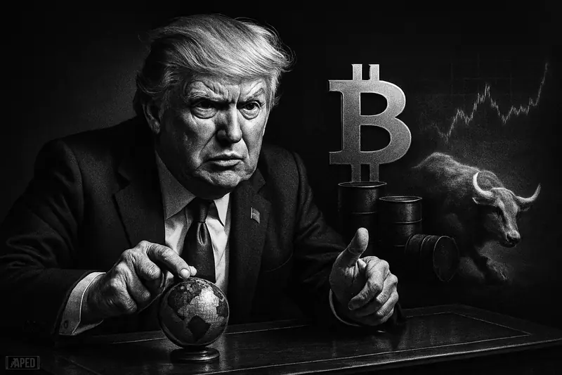Donald Trump caricature looms over a dark trading scene as a Bitcoin symbol rises and oil barrels fall in monochrome grayscale.