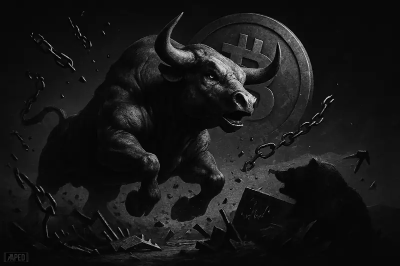 A powerful monochrome bull charges upward through broken bearish traps as a dark crypto market scene suggests a violent Bitcoin short squeeze.