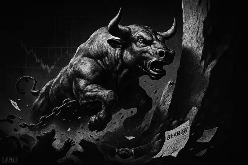 A metallic bull beast charges upward as shadowy bears are blasted backward beneath a dark grid and looming resistance wall.