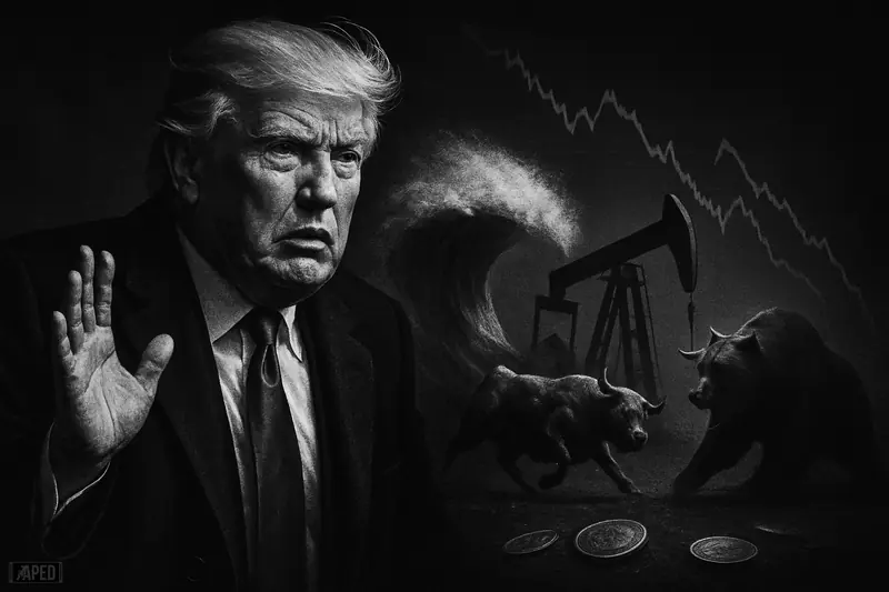 Donald Trump caricature stands tensely before crashing oil waves, pumpjacks, and falling crypto market symbols in a dark grayscale financial storm.