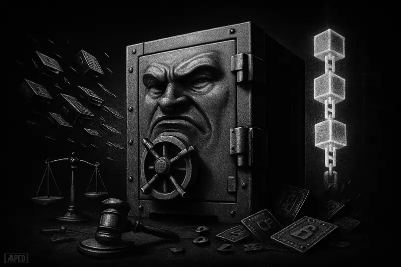 A stern vault-like server blocks a rushing wave of machine parts, guarding a linked chain in a dark grayscale data-grid scene.