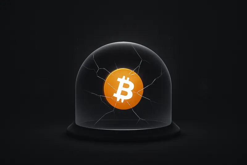 A luminous gold coin hovering on a black background, sealed under a fractured glass dome with tense red highlights.