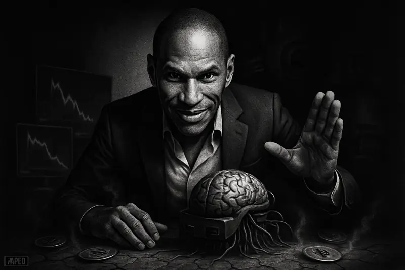 Arthur Hayes in a dramatic grayscale caricature warns over a trading desk beside a looming machine brain as crypto liquidity appears to evaporate.