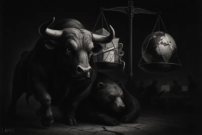 A tense grayscale bull and lurking bear beneath a suspended scale, with traders and macro tension in a dark financial scene.