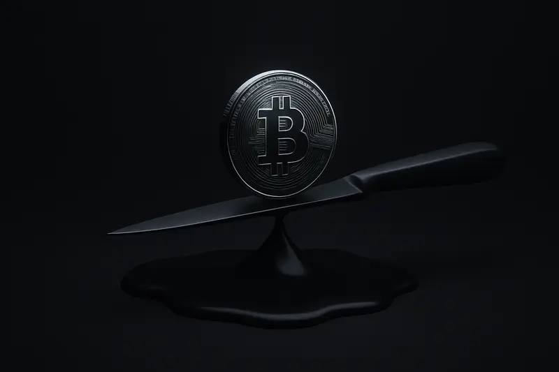 A glowing golden coin teeters on a sharp blade above rippling black oil, with faint red price-chart lines in the dark.
