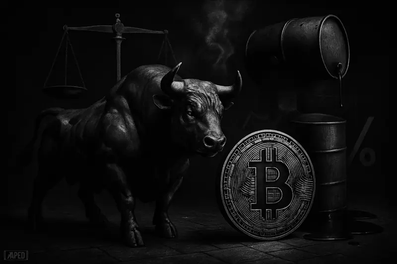 A dramatic grayscale bull stands beside a bitcoin medallion while a cracked oil barrel leaks behind them in a dark macro-themed scene.