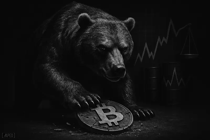 A hulking bear crushes a cracked bitcoin-like token as oil barrels and sharp yield shapes loom in a dark grayscale financial scene.