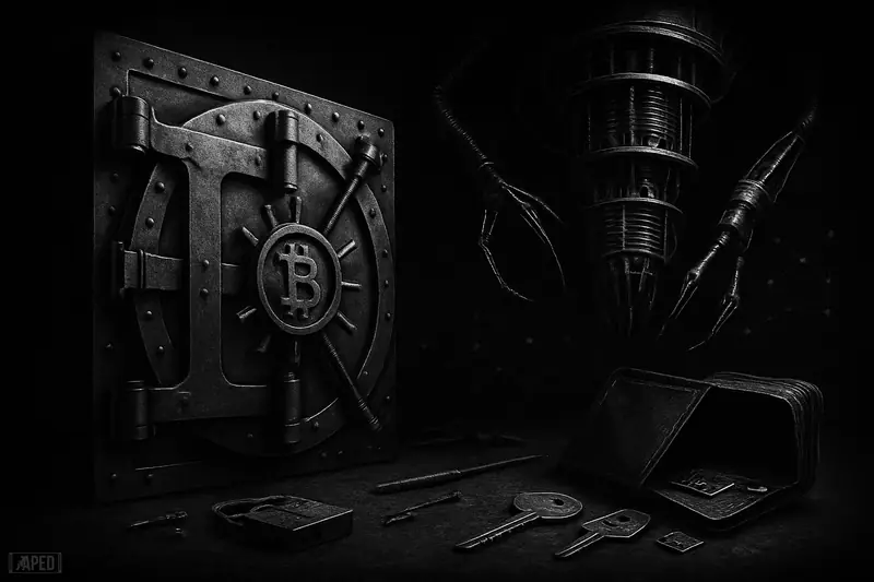 A grayscale vault confronts an oversized quantum machine while a broken old wallet and security tools suggest manageable Bitcoin wallet upgrades.