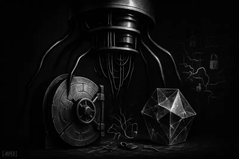 A looming quantum machine menaces a cracking crypto vault while a fractured crystal cube and broken locks suggest urgent blockchain security risk.