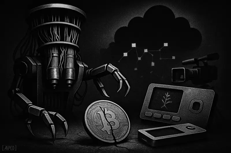 A sinister quantum computer looms over a damaged crypto wallet and fractured digital coin in a dark grayscale data-grid scene.
