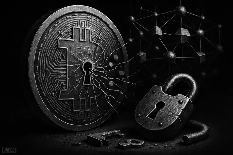 A cracked vault-like coin is surrounded by eerie quantum machinery and broken lock fragments in a dark grayscale data-grid scene.