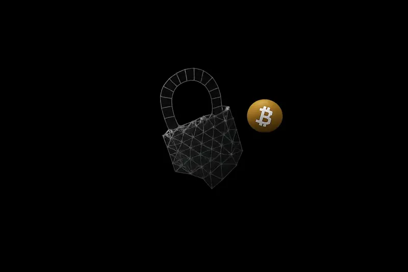A dark black background with a fractured glowing blockchain morphing into a crystalline lattice padlock, sparks and digital dust trailing.