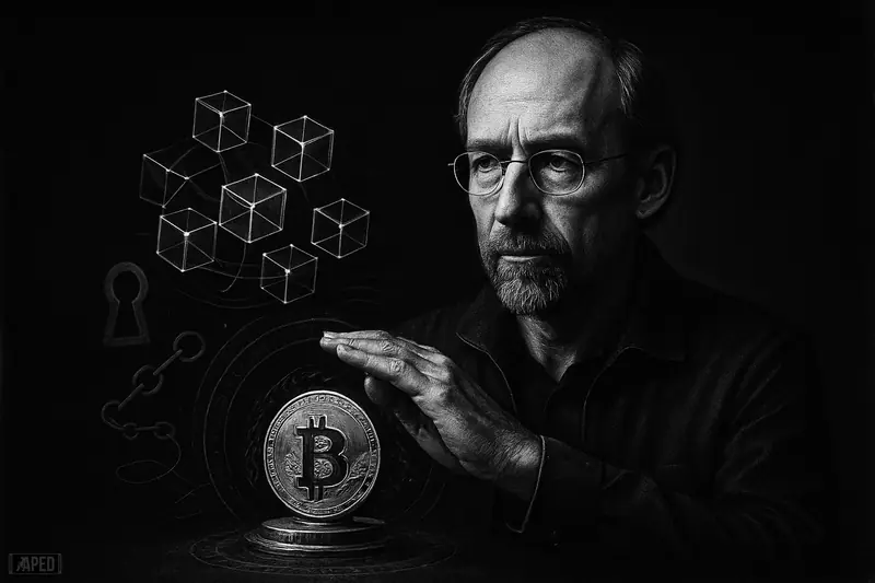 Adam Back stands protectively beside a bitcoin and a fractured quantum lattice in a dark monochrome, data-grid scene.