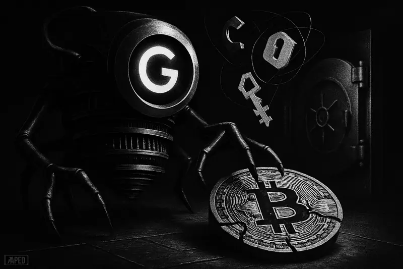 A threatening futuristic quantum machine looms over a cracked bitcoin inside a dark vault, with broken locks and security symbols in grayscale.