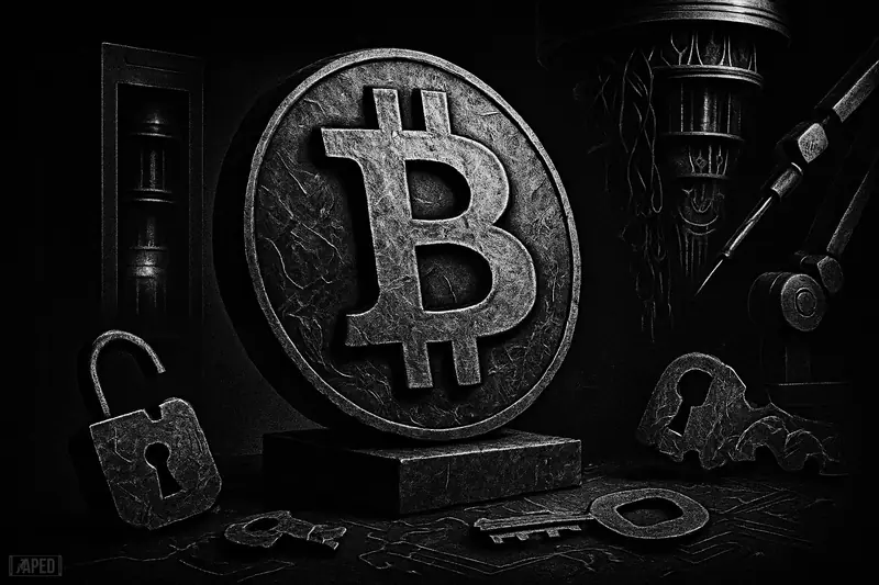A battered bitcoin-like coin is surrounded by ominous quantum machines and security debris in a dark monochrome data-grid setting.