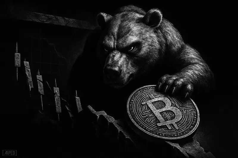 A looming bear forces a metallic crypto coin down a cliff beneath a dark resistance ceiling in a stark grayscale market scene.
