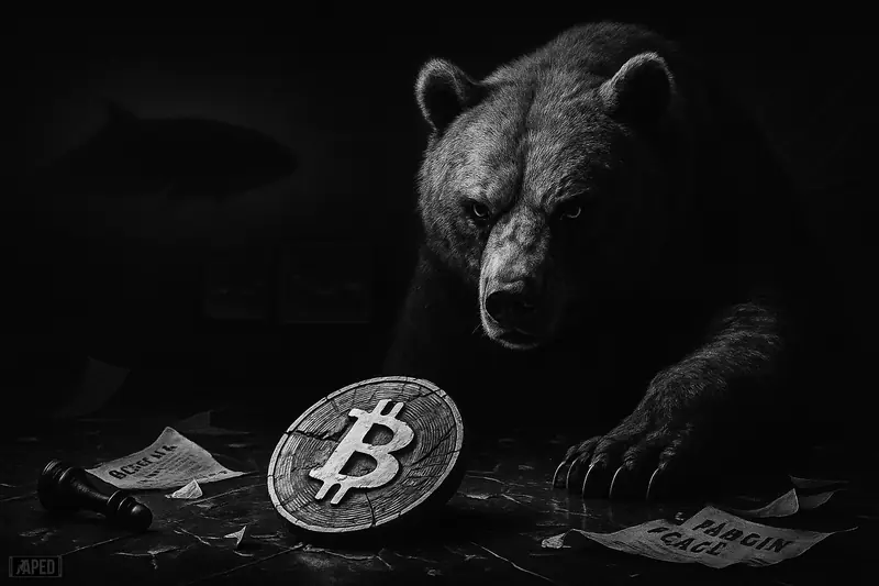 A menacing grayscale bear presses down on a falling bitcoin amid liquidation debris on a dark trading floor.
