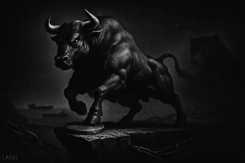 A muscular bull balances on a cracked ledge above a dark sea strait, while a shadowy bear lingers behind in grayscale.