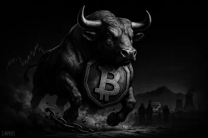 A monochrome bullish crypto beast charges forward as storm clouds clear over a dark market scene with distant nuclear and desert silhouettes.