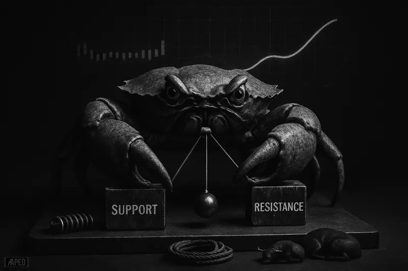 A realistic crab grips a swinging pendulum between two barriers, with a flat price channel and a rising line on a dark grid backdrop.