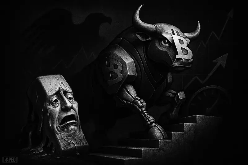 A grayscale cinematic scene of a mechanical bull surging upward while a cracked gold ingot slumps downward, with macro signals looming behind.