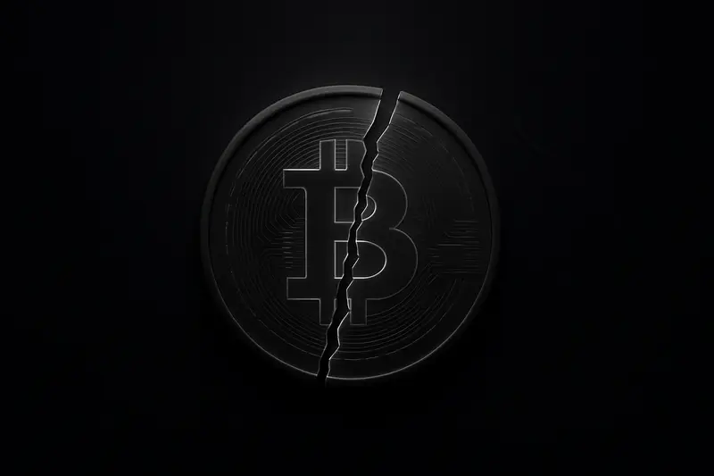 Glowing gold coin hovering over a black void, split by a jagged crack plunging downward with faint red sparks.