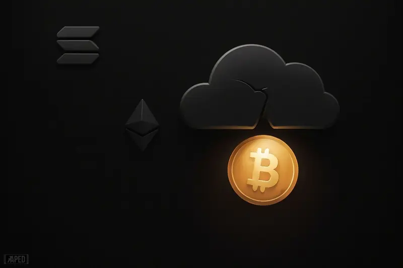Glowing golden coin beneath a splitting storm cloud, with dark waves fading into a calm black background