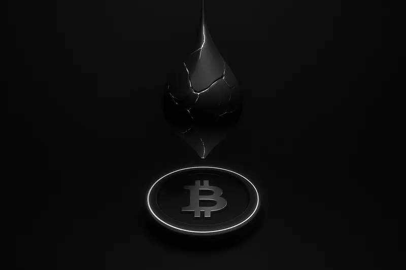 Glowing gold coin ring on a dark background as a cracked obsidian pendulum swings above, leaving a jagged neon price trail.