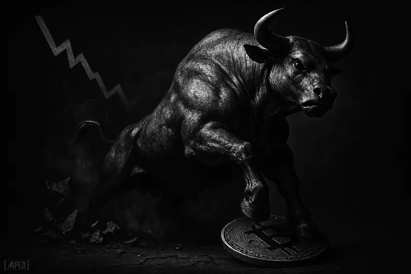 A metallic bull-like beast rises over broken bearish debris on a dark trading floor against a faint data-grid background.