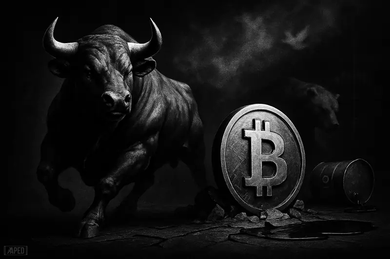 A muscular bull charges past a bitcoin monument as a shadowy bear retreats beside a fallen oil barrel in a dark grayscale scene.
