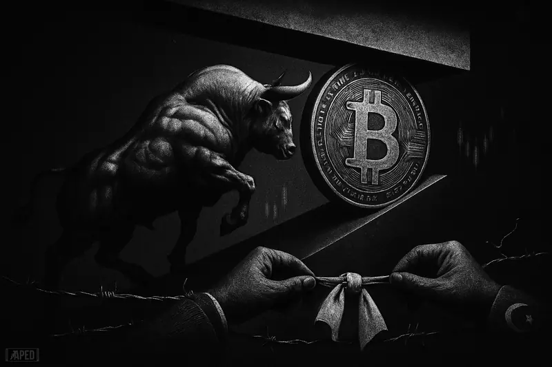 A grayscale bull shoves a bitcoin coin up a ramp toward a low steel ceiling, while two rival hands tie a fragile ceasefire cloth.
