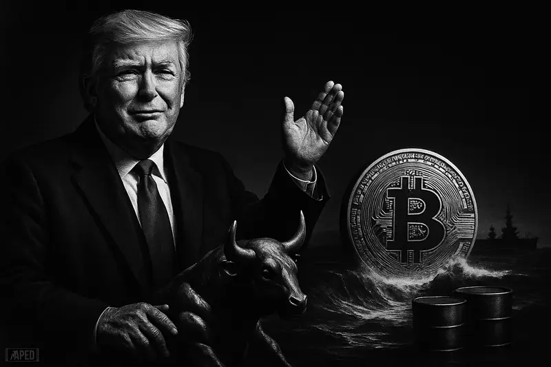 Trump caricature stands triumphantly as stormy seas calm, a bull rises, and bitcoin and oil props signal a relief rally.