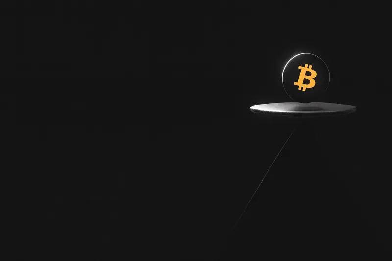 A luminous gold coin hovering above a cracked, razor-thin ice layer, with dark void beneath and faint red market lines.
