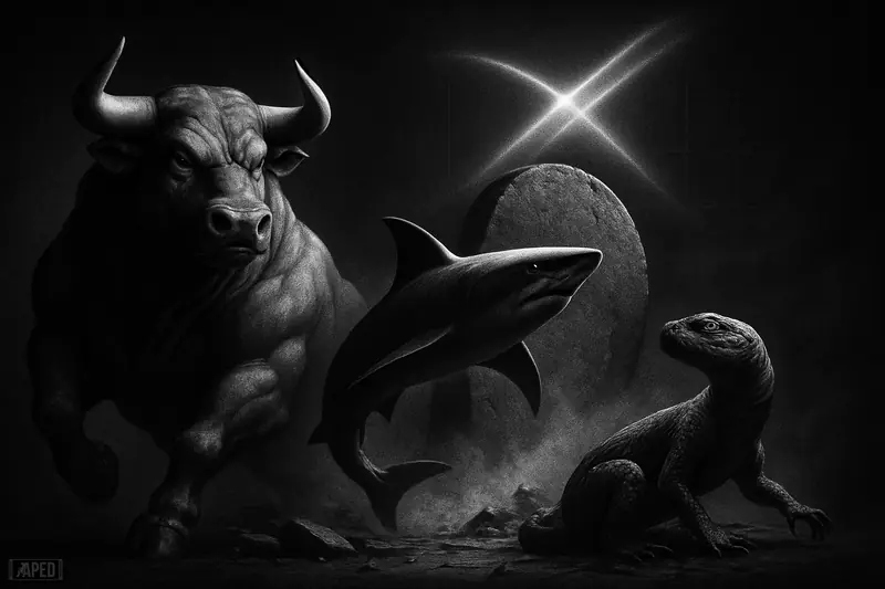 A grayscale bull, shark-like beast, and reptilian creature surge upward before a dark data-grid backdrop and rising monolithic disk.