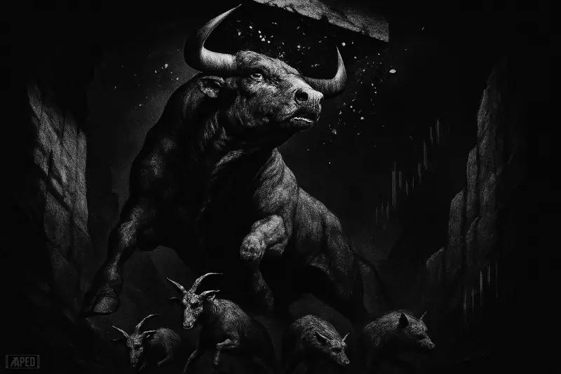 A straining bull hits an unseen ceiling while smaller animals tumble around it inside a dark, narrow trading corridor.