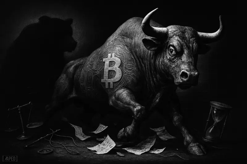 A wary bull charges through torn derivatives papers while a shadowy bear lingers behind in a dark grayscale financial battlefield.