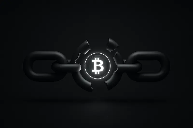 On a dark background, a snapped metallic chain opens to reveal a bright, glowing coin-like core with subtle circuitry.