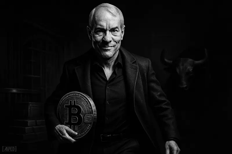 Michael Saylor caricature in a dark suit strides forward holding a Bitcoin token, with a shadowy bull and treasury vault behind him.