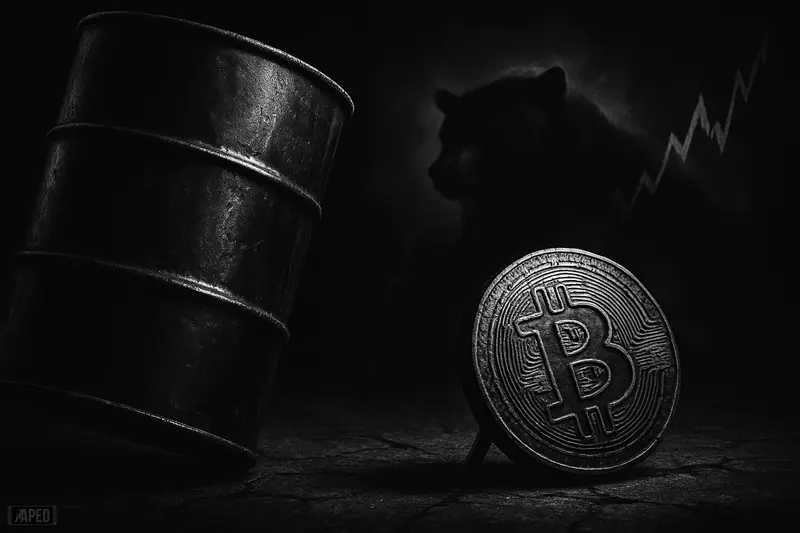 A looming oil barrel menaces a battered bitcoin token as a smoky bear rises behind them in a dark grayscale financial storm.