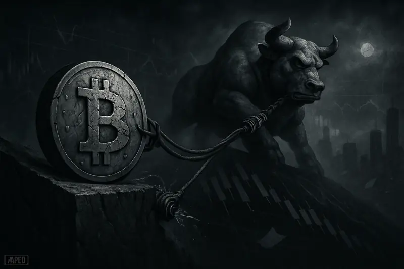 A cracked bitcoin coin is tethered by a cable to a bull-bear statue as both slide down a dark, chart-shaped cliff.