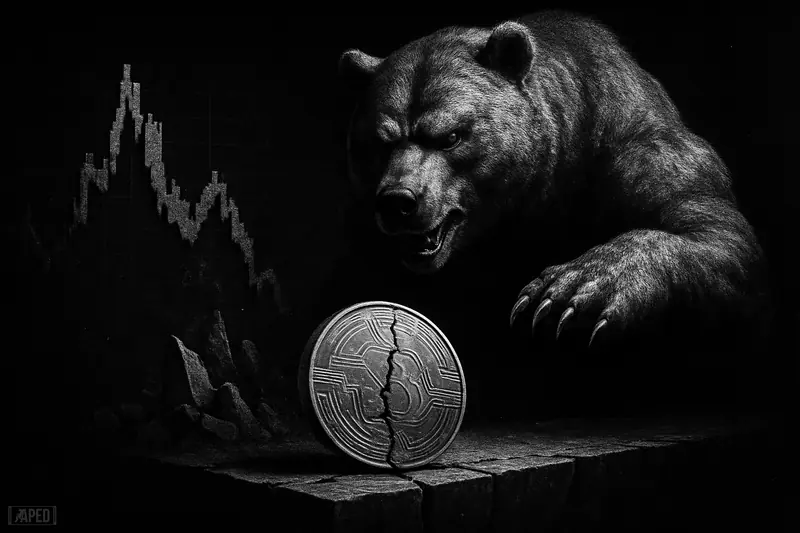 A looming bear threatens a cracked digital coin on a ledge as chart-like stone formations collapse into darkness.