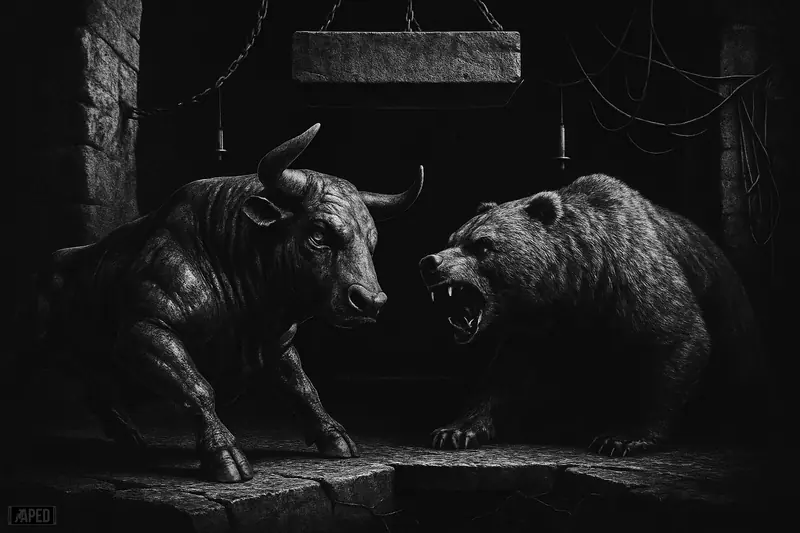 A grayscale bull and bear confront each other in a narrow dark corridor with cracked ground, hanging chains, and an ominous collapsing slab.