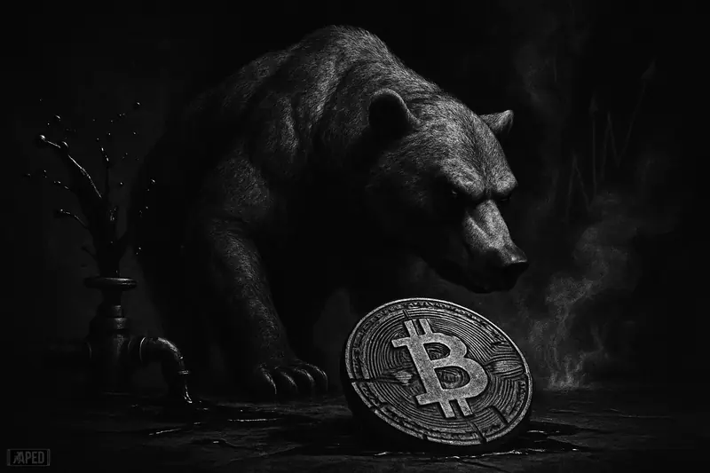 A menacing bear looms over a battered bitcoin as oil erupts from a broken pipeline in a dark grayscale financial scene.