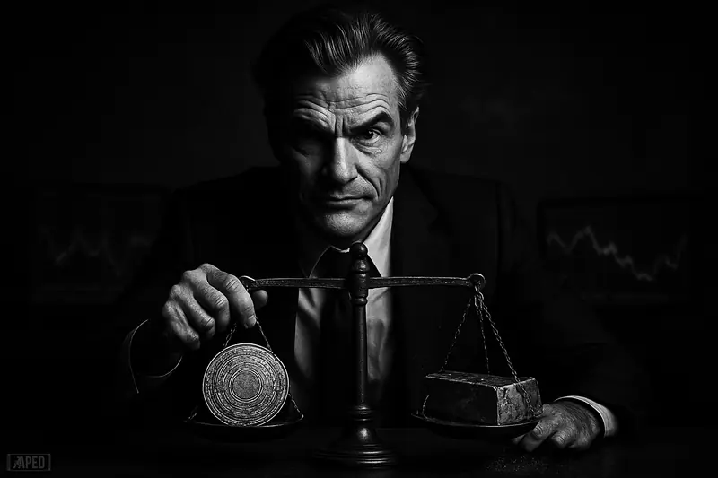 Caricatured analyst in a suit balances a steady digital coin against a sinking cracked gold bar, amid dark market screens and haze.
