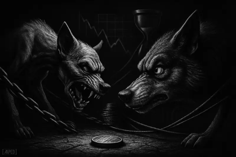 Two photorealistic caricature wolves confront each other over a lone coin in a dark grayscale financial scene with chains and fading market symbols.