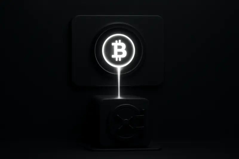 A dark background with a glowing gold coin-core releasing bright particles into a shadowed vault-like cube.